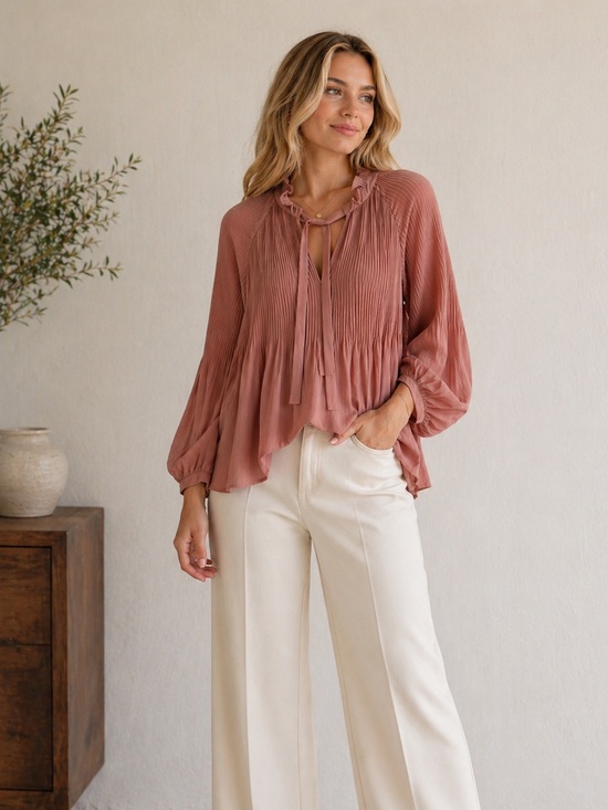 Gianni Bini Tops - Gianni Bini Pleated Ruffle Tie-Neck Blouse - Dusty Rose Lightweight Sheer